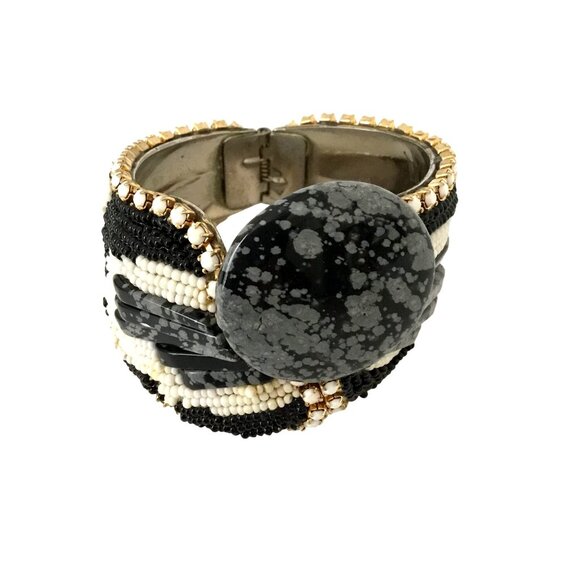 VTG HANSEN Signed 1988 Obsidian Stone Beaded Cuff Bracelet Clip-On Earrings Set - Picture 8 of 16